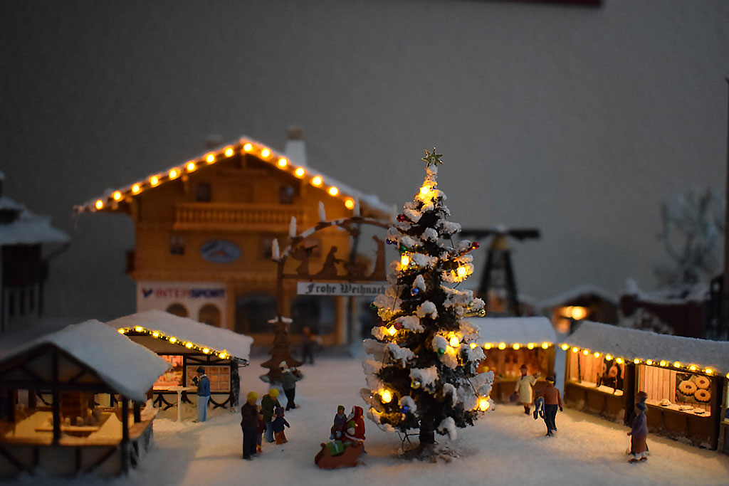 Eingeschneiter Tannenbaum beleuchtet